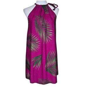 Hula Bay Magenta Green Palm Print Halter Dress Rayon XXL-19 Hawaiian Tropical